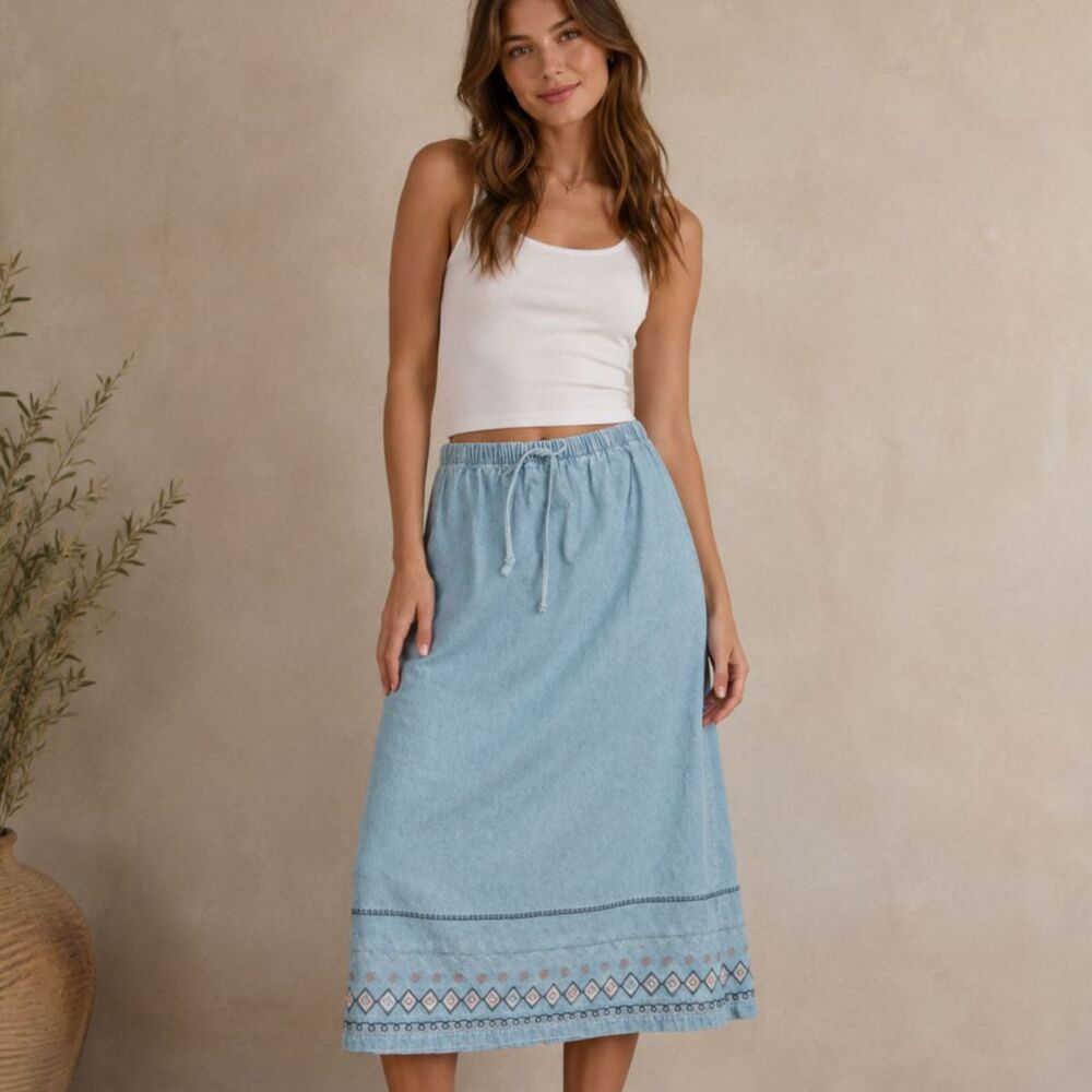 Denim & Co Light Wash Denim Drawstring Midi Skirt Embroidered Hem Boho Size XL